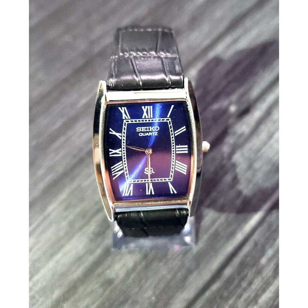 RARE NOS Seiko Mens Tank‎ Barrel Blue Satin Roman Dial Black Leather band…